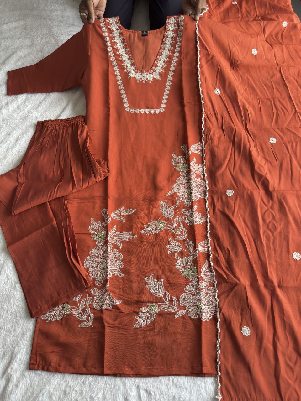 Lorenvalley Fashion Rust Roman Silk Embroidery with Sequence Work Kurta Pant with Dupatta - Swadesiicart