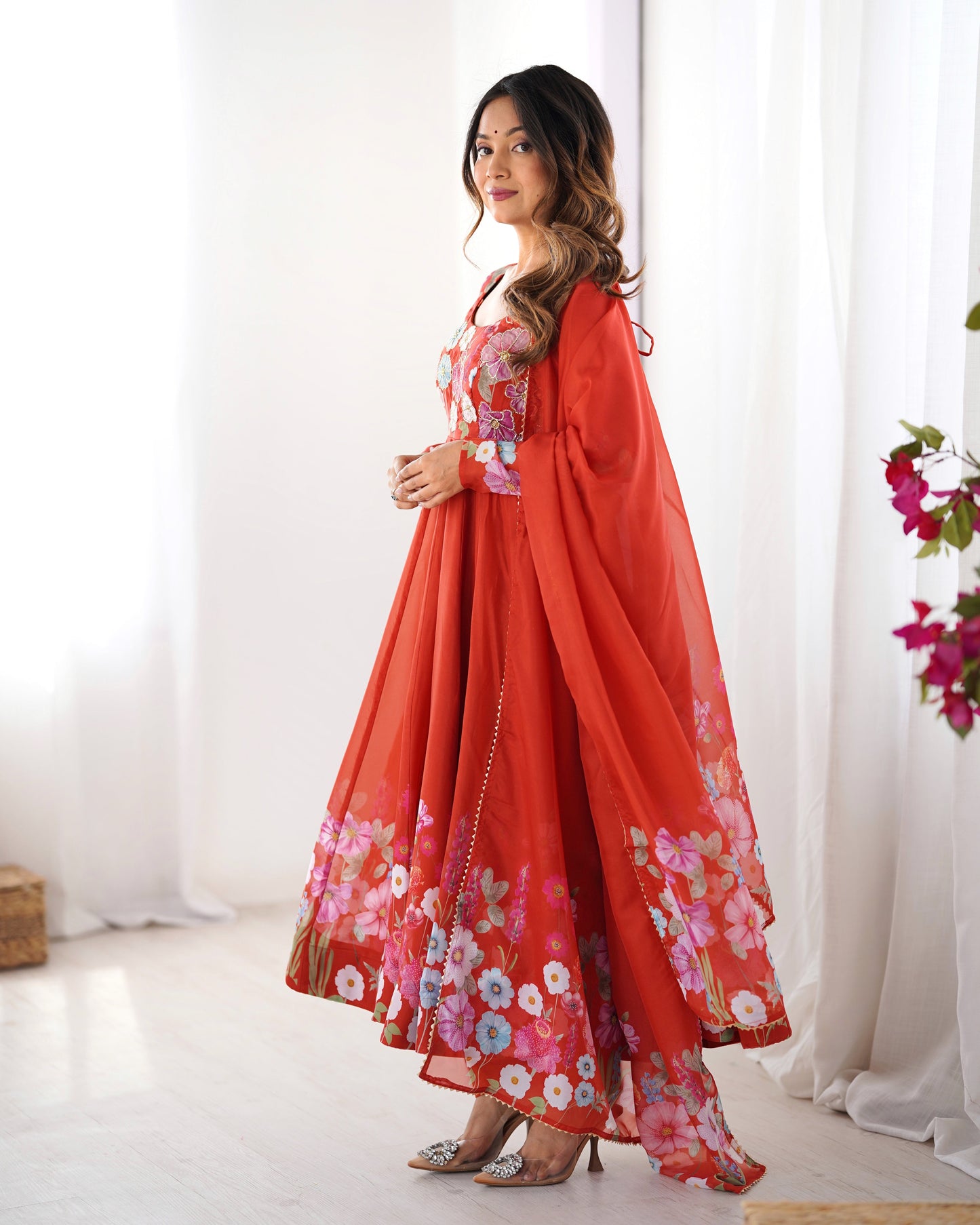 Lorenvalley Rust Soft Organza Silk With Floral Print Fully Flared Anarkali Pant With Dupatta Set | Swadesiicart