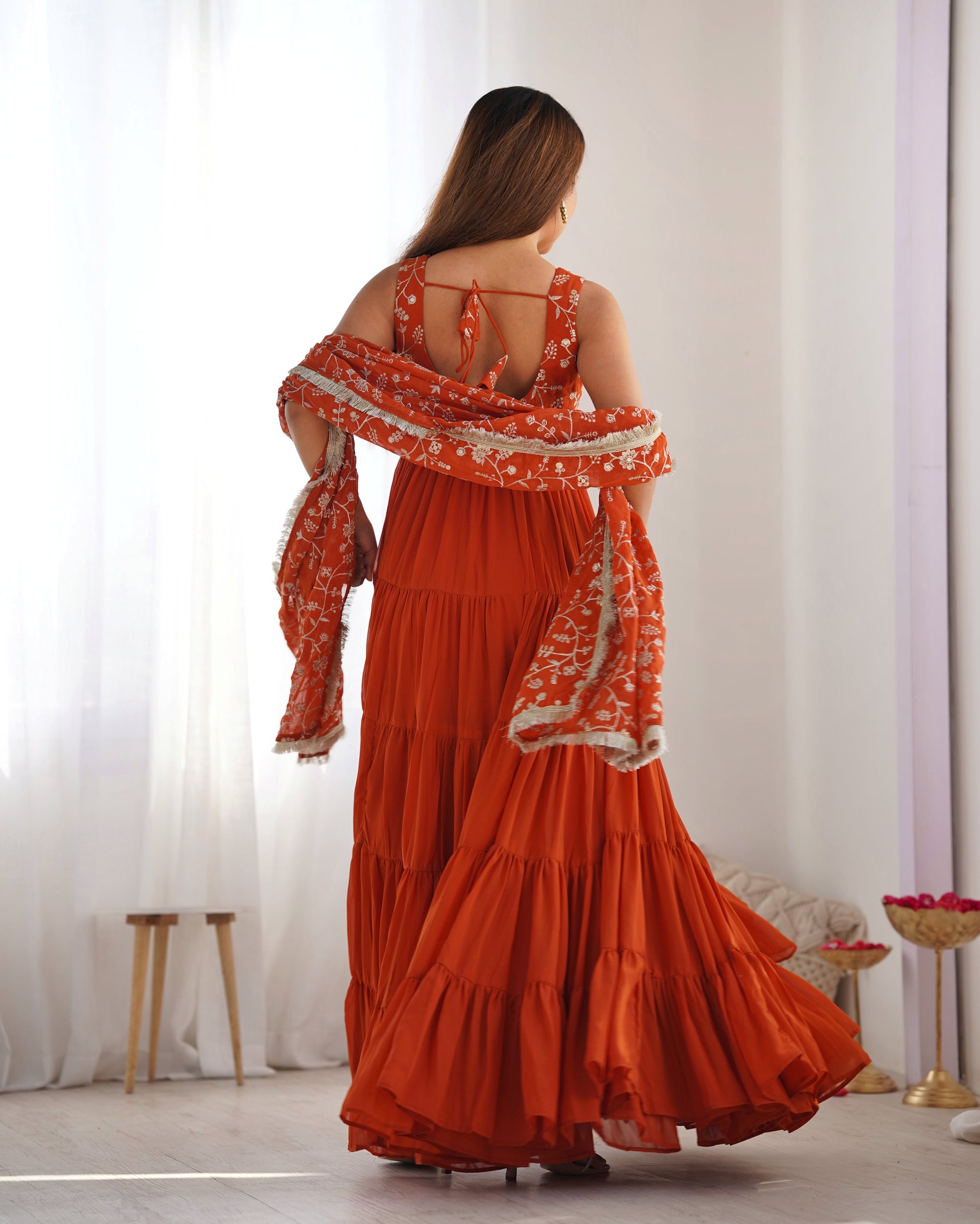 Lorenvalley Rust Faux Georgette Layer Gathering Anarkali Pant With Dupatta Set | Swadesiicart