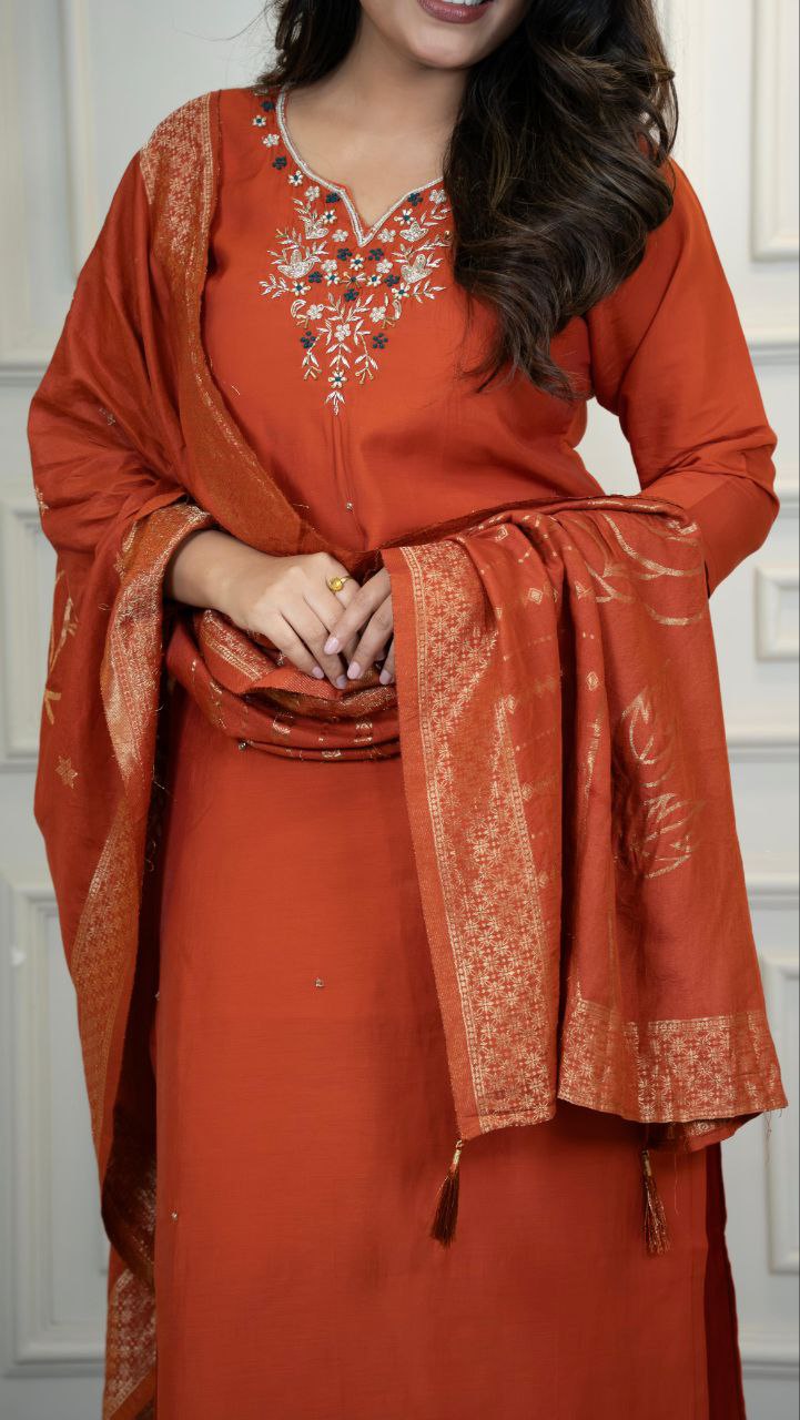 Lorenvalley Fashion Rust Roman Silk Hand Work Kurta Pant with Dupatta - Swadesiicart