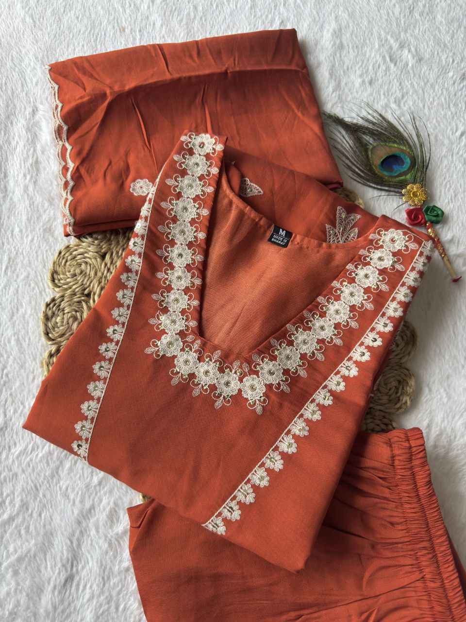 Lorenvalley Fashion Rust Roman Silk Embroidery with Sequence Work Kurta Pant with Dupatta - Swadesiicart