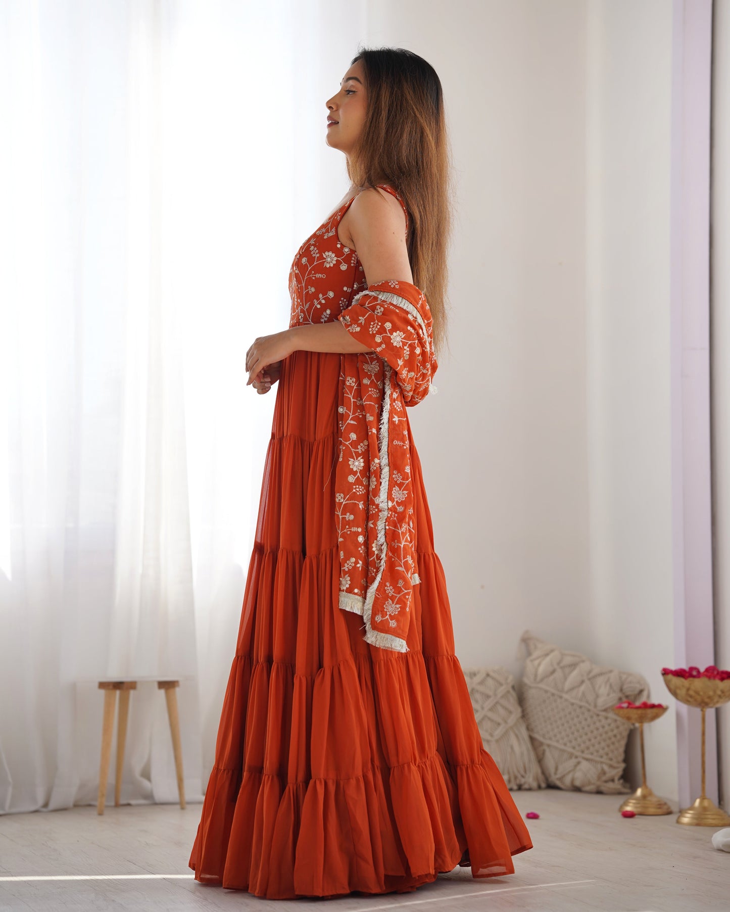 Lorenvalley Rust Faux Georgette Layer Gathering Anarkali Pant With Dupatta Set | Swadesiicart