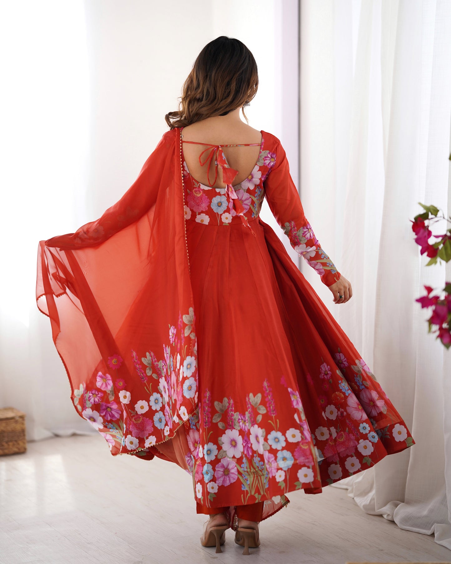 Lorenvalley Rust Soft Organza Silk With Floral Print Fully Flared Anarkali Pant With Dupatta Set | Swadesiicart