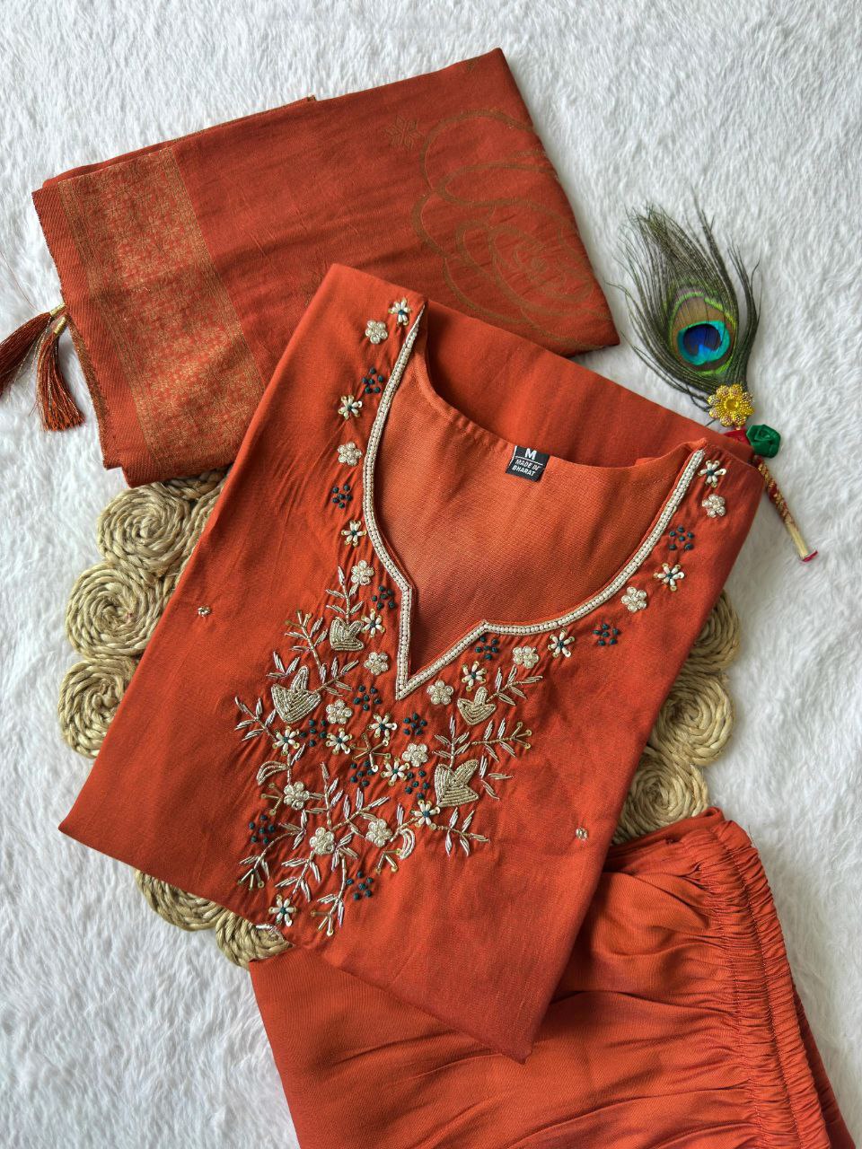 Lorenvalley Fashion Rust Roman Silk Hand Work Kurta Pant with Dupatta - Swadesiicart