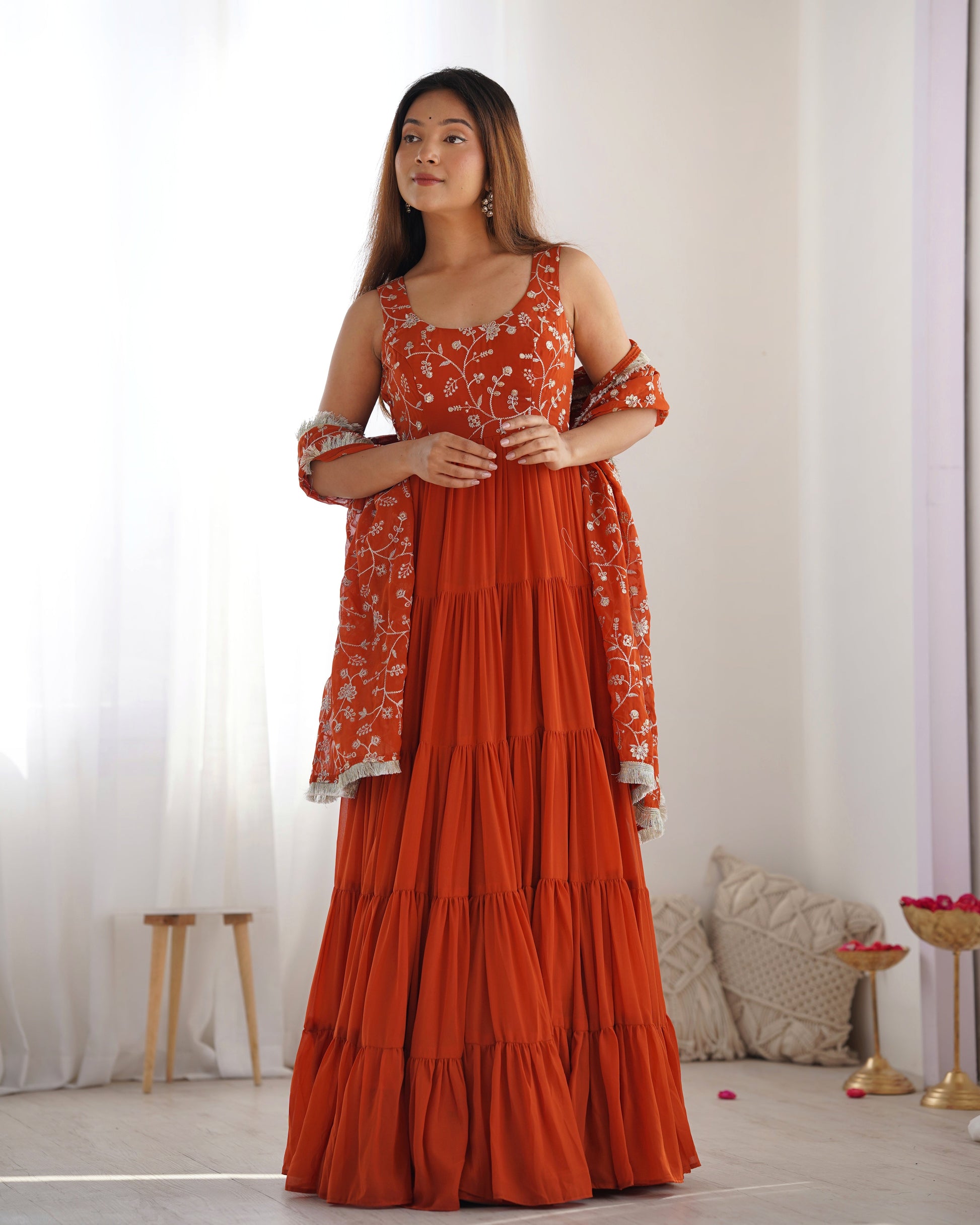 Lorenvalley Rust Faux Georgette Layer Gathering Anarkali Pant With Dupatta Set | Swadesiicart
