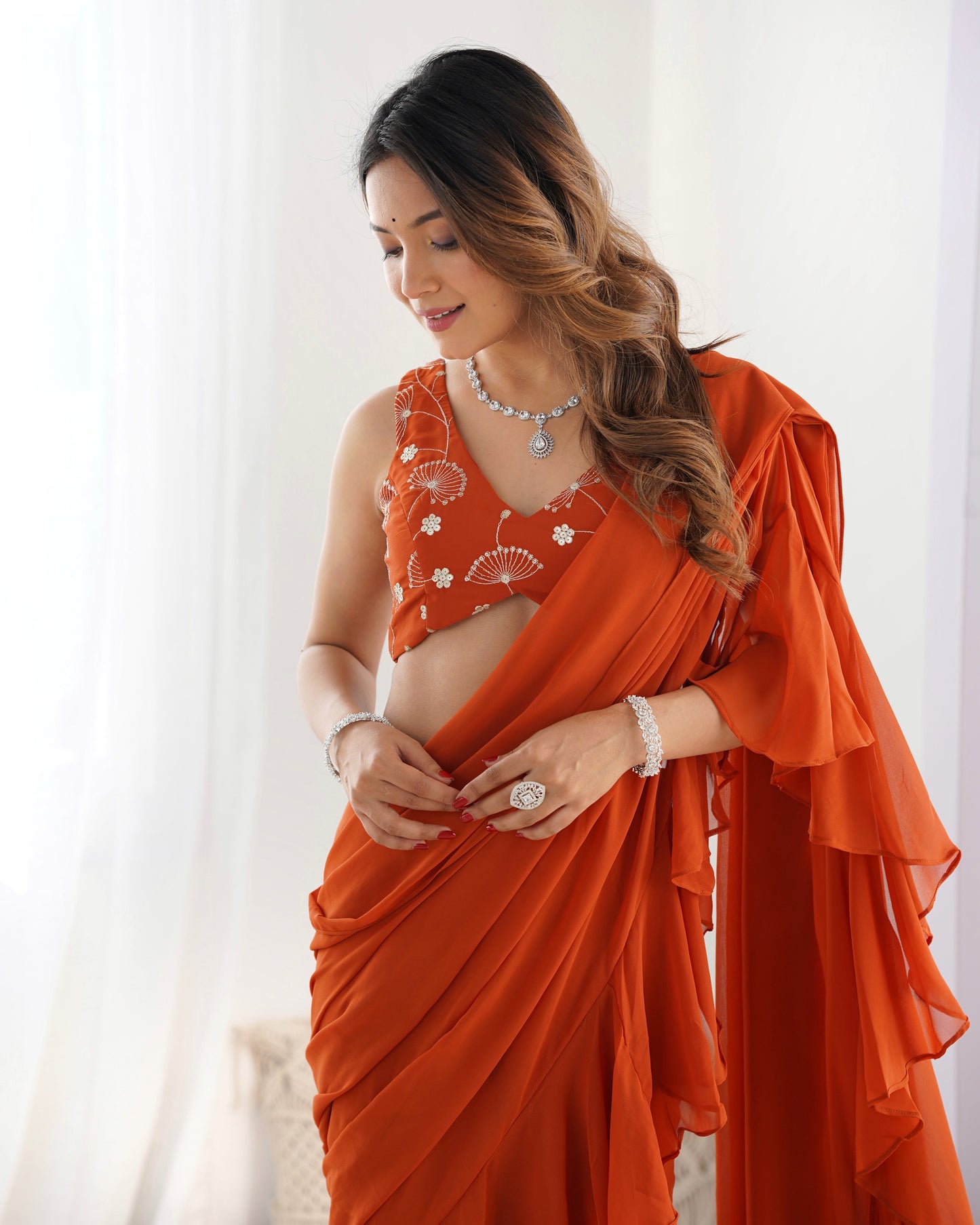 Lorenvalley Rust Faux Georgette Ready To Wear Sharara Saree with Full Stitched Blouse - Swadesiicart