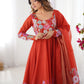 Lorenvalley Rust Soft Organza Silk With Floral Print Fully Flared Anarkali Pant With Dupatta Set | Swadesiicart