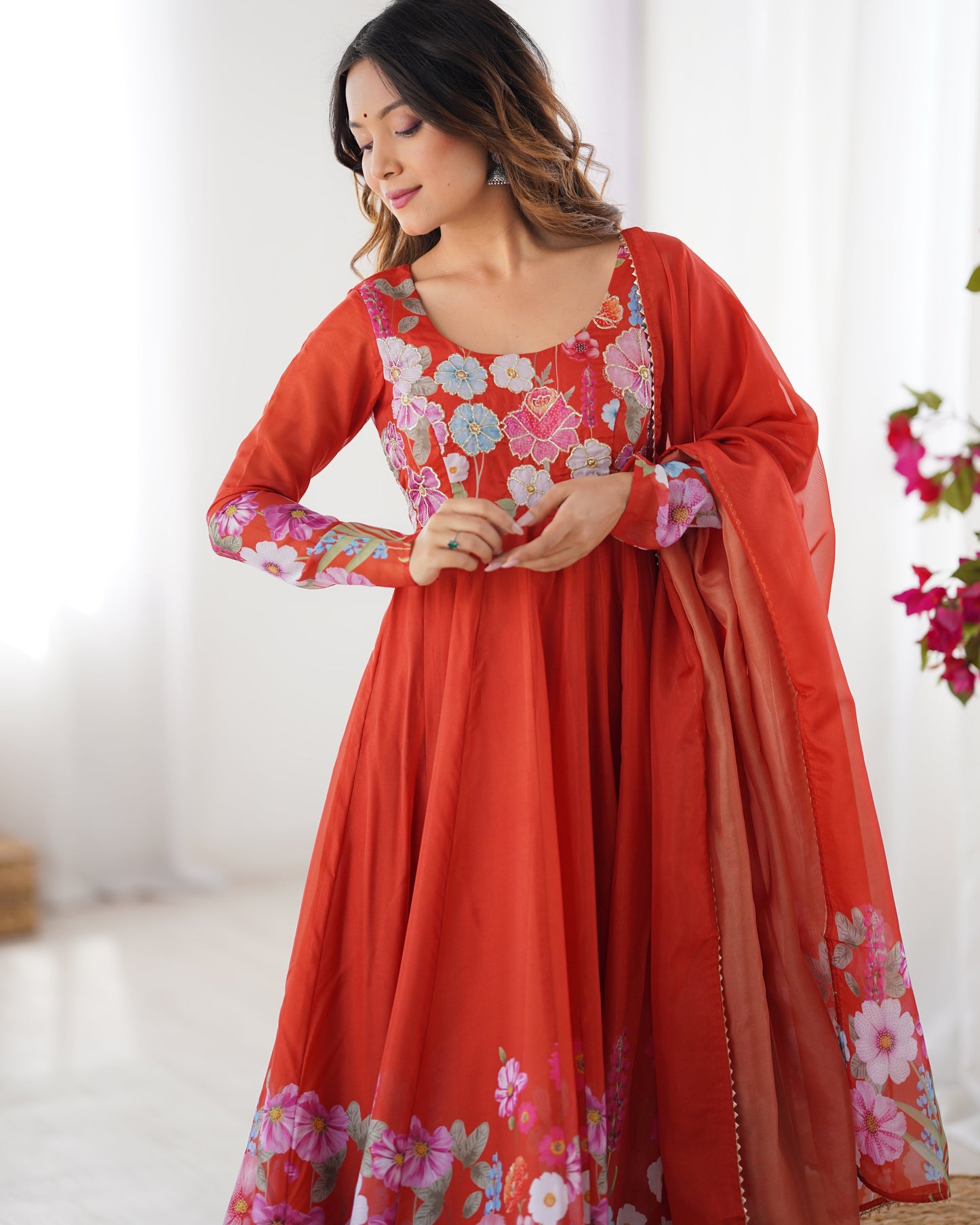 Lorenvalley Rust Soft Organza Silk With Floral Print Fully Flared Anarkali Pant With Dupatta Set | Swadesiicart
