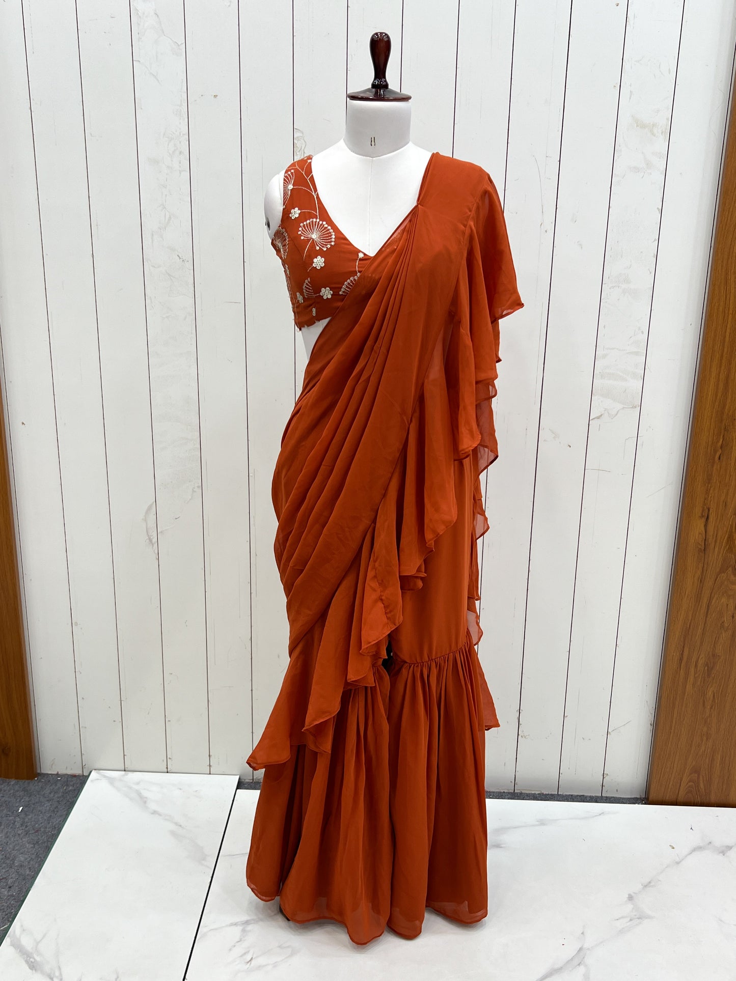 Lorenvalley Rust Faux Georgette Ready To Wear Sharara Saree with Full Stitched Blouse - Swadesiicart