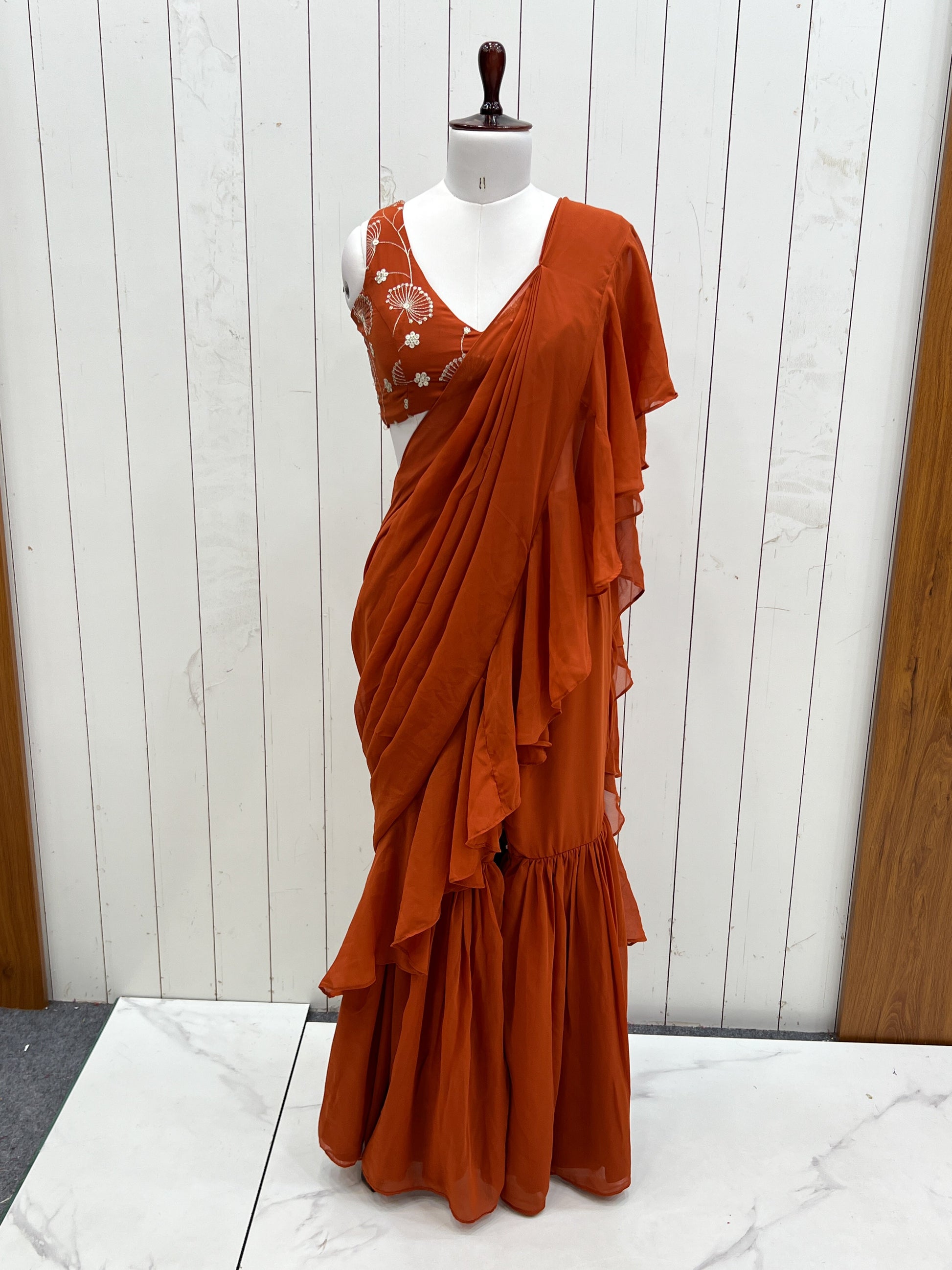 Lorenvalley Rust Faux Georgette Ready To Wear Sharara Saree with Full Stitched Blouse - Swadesiicart
