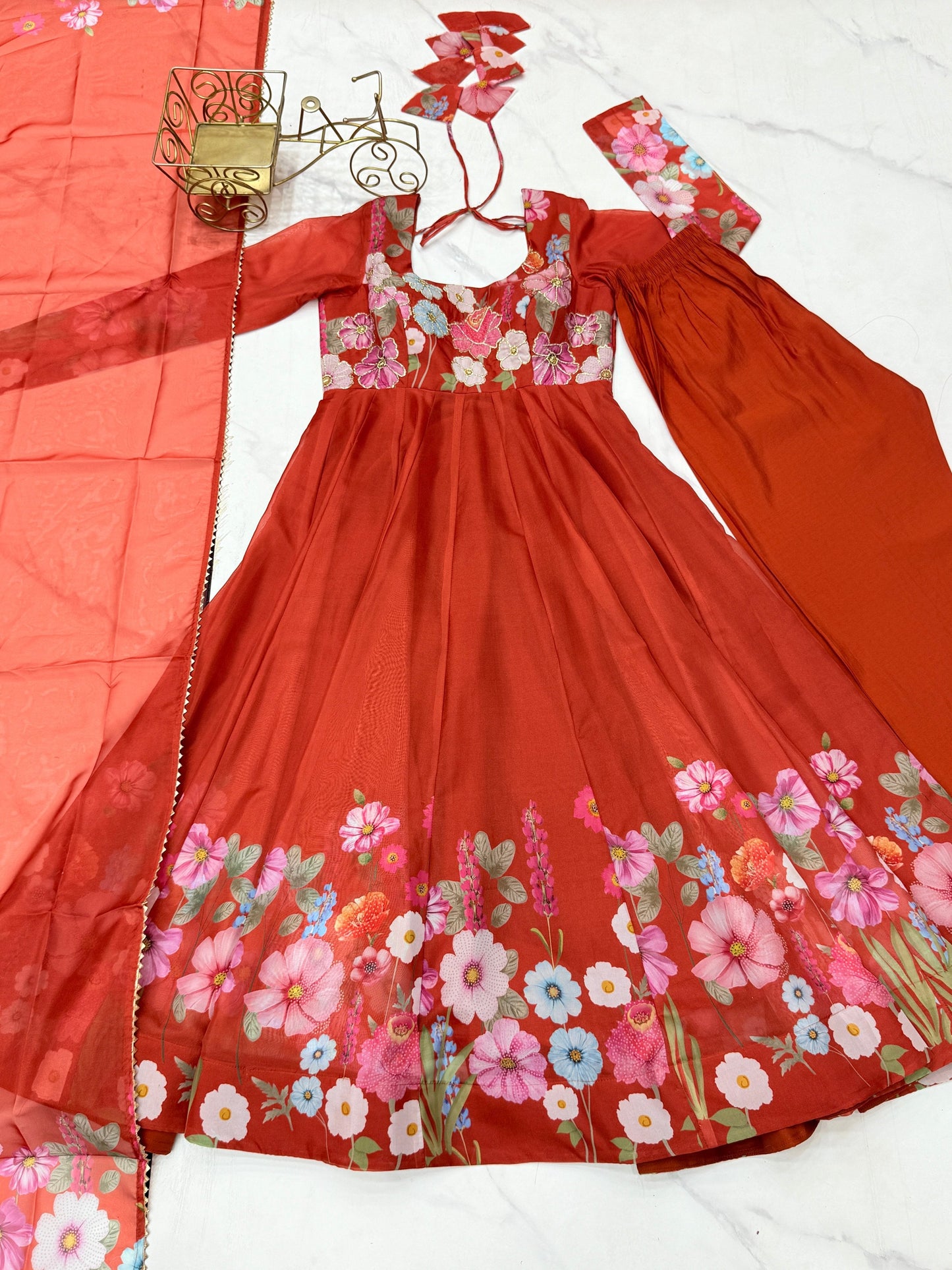Lorenvalley Rust Soft Organza Silk With Floral Print Fully Flared Anarkali Pant With Dupatta Set | Swadesiicart