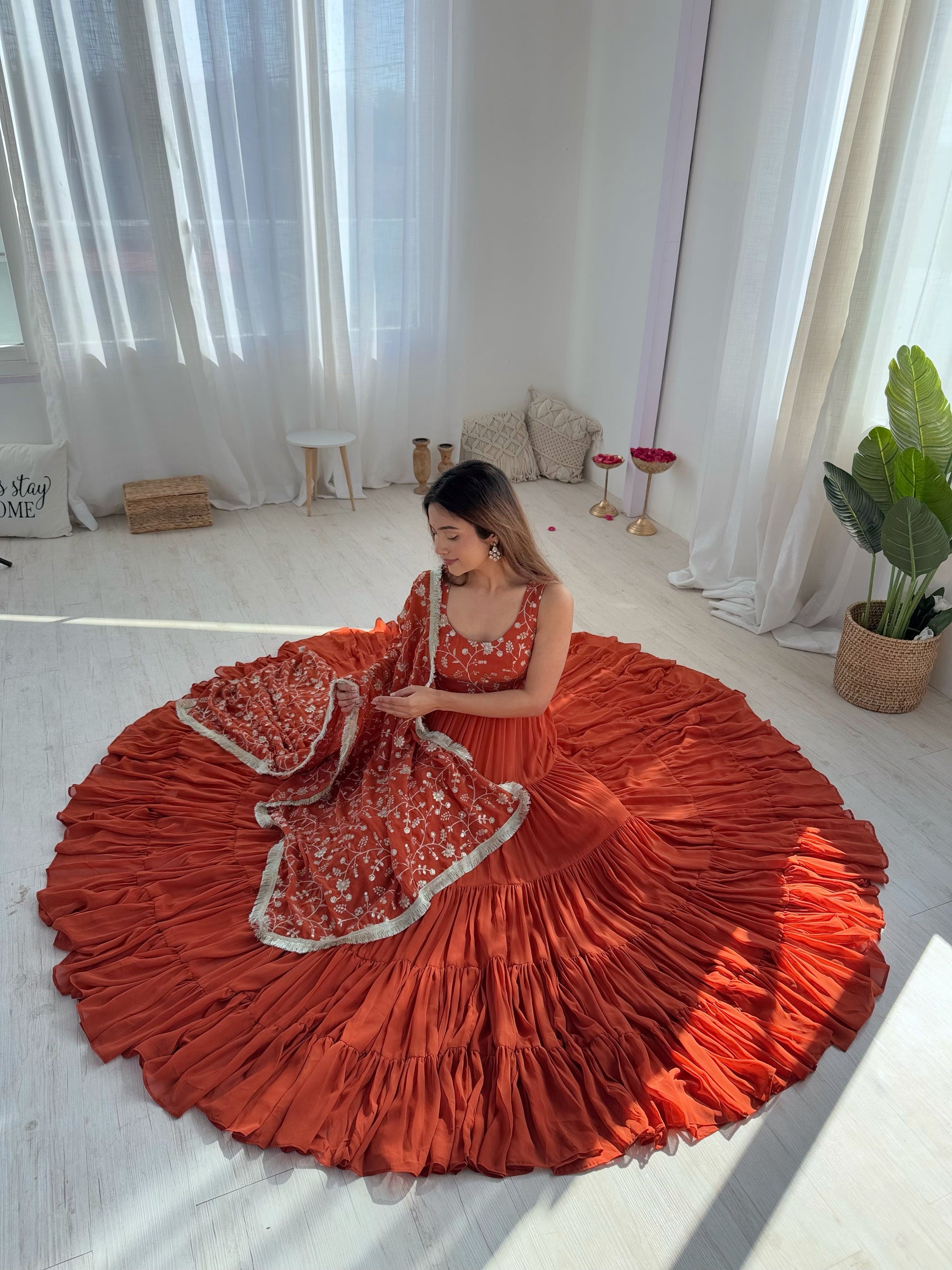 Lorenvalley Rust Faux Georgette Layer Gathering Anarkali Pant With Dupatta Set | Swadesiicart