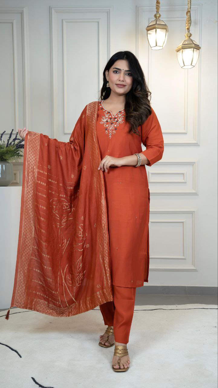 Lorenvalley Fashion Rust Roman Silk Hand Work Kurta Pant with Dupatta - Swadesiicart