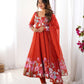 Lorenvalley Rust Soft Organza Silk With Floral Print Fully Flared Anarkali Pant With Dupatta Set | Swadesiicart