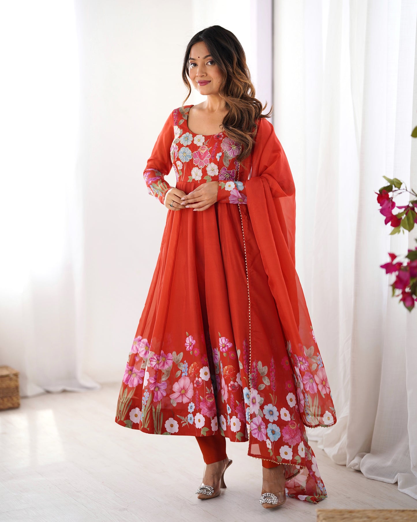 Lorenvalley Rust Soft Organza Silk With Floral Print Fully Flared Anarkali Pant With Dupatta Set | Swadesiicart