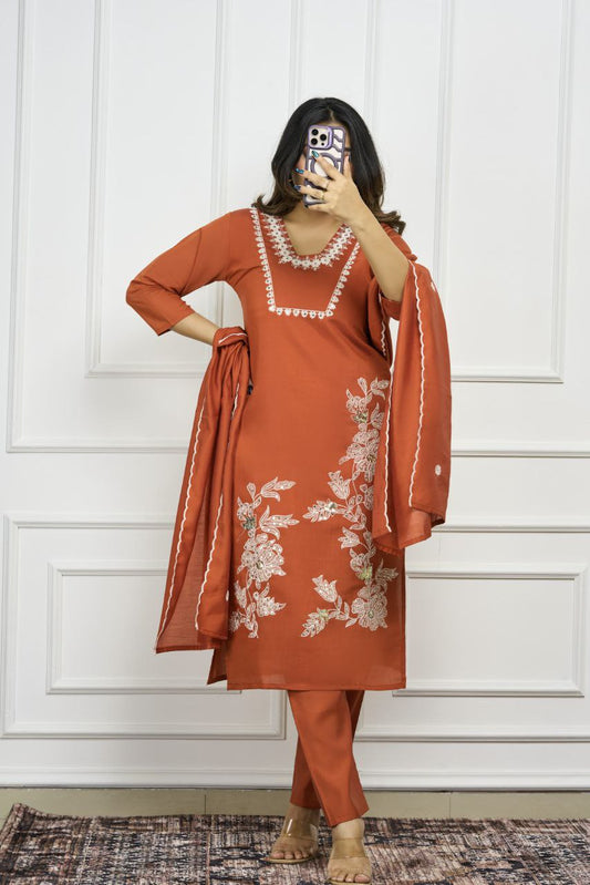 Lorenvalley Fashion Rust Roman Silk Embroidery with Sequence Work Kurta Pant with Dupatta - Swadesiicart