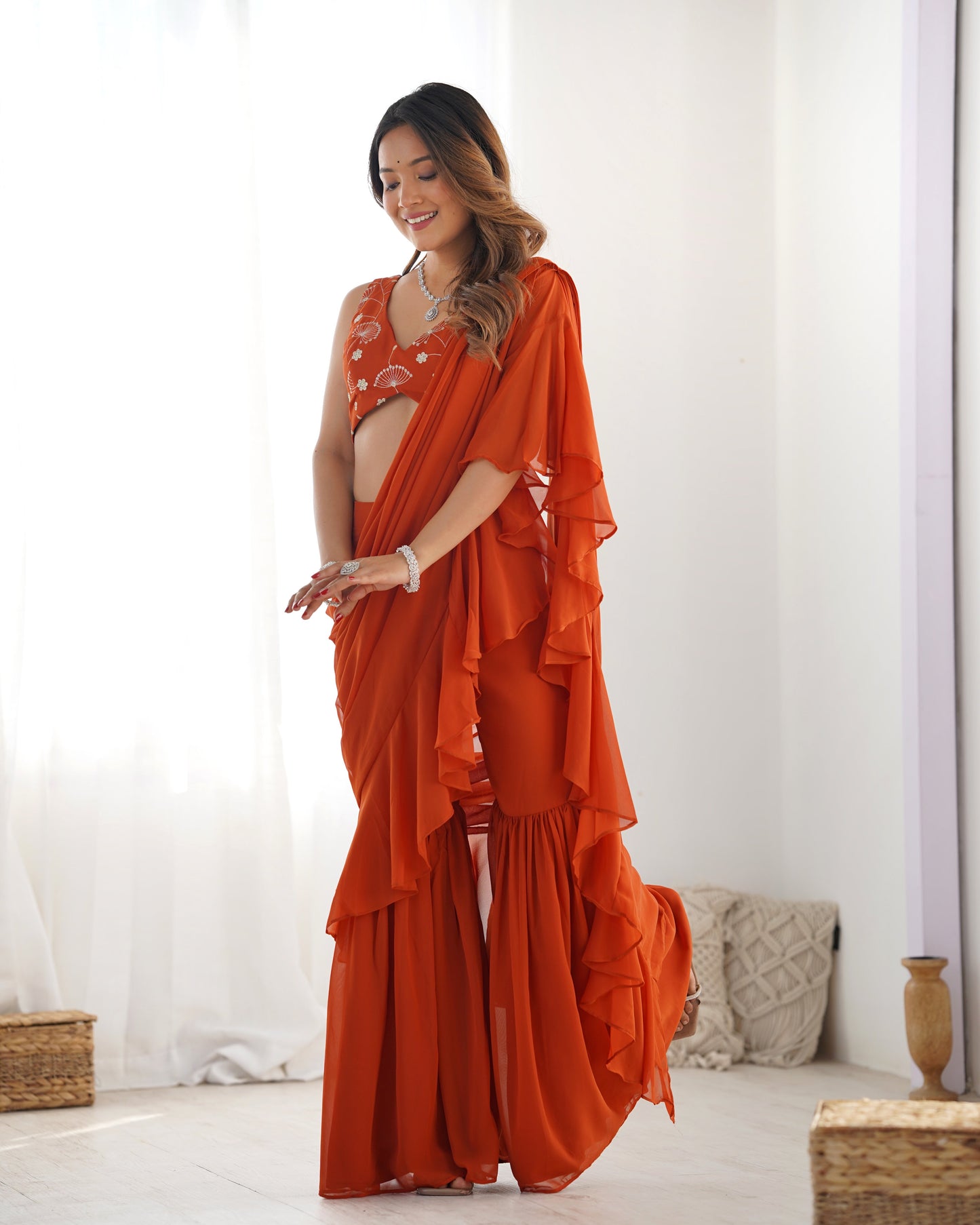 Lorenvalley Rust Faux Georgette Ready To Wear Sharara Saree with Full Stitched Blouse - Swadesiicart