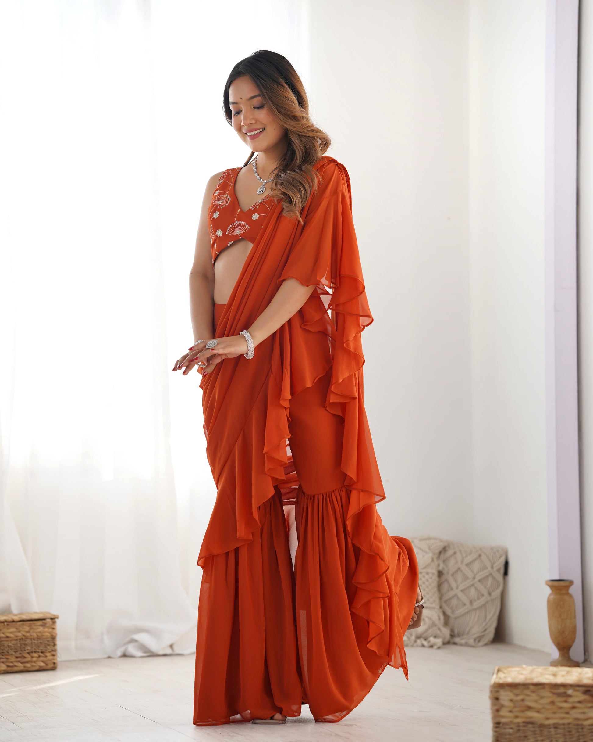 Lorenvalley Rust Faux Georgette Ready To Wear Sharara Saree with Full Stitched Blouse - Swadesiicart