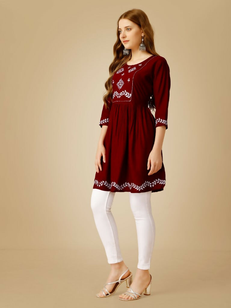 Jyoti Fashion Women's Maroon Viscose Rayon Embroidered Casual Top | Swadesiicart