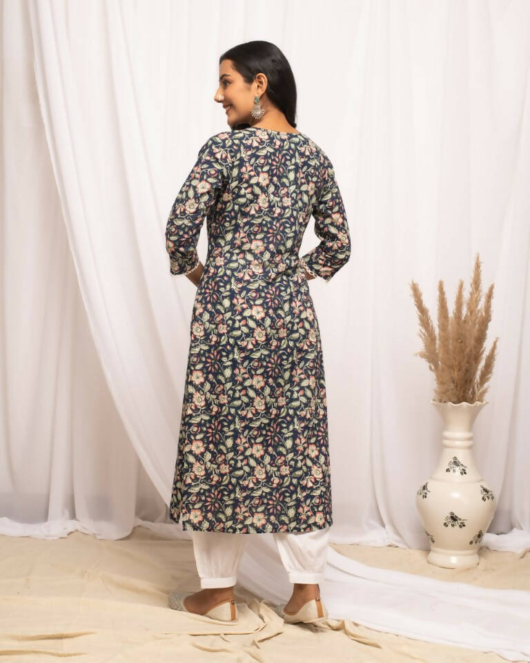 FIORRA Women's Floral Printed Blue Cotton Straight Kurta - Swadesiicart