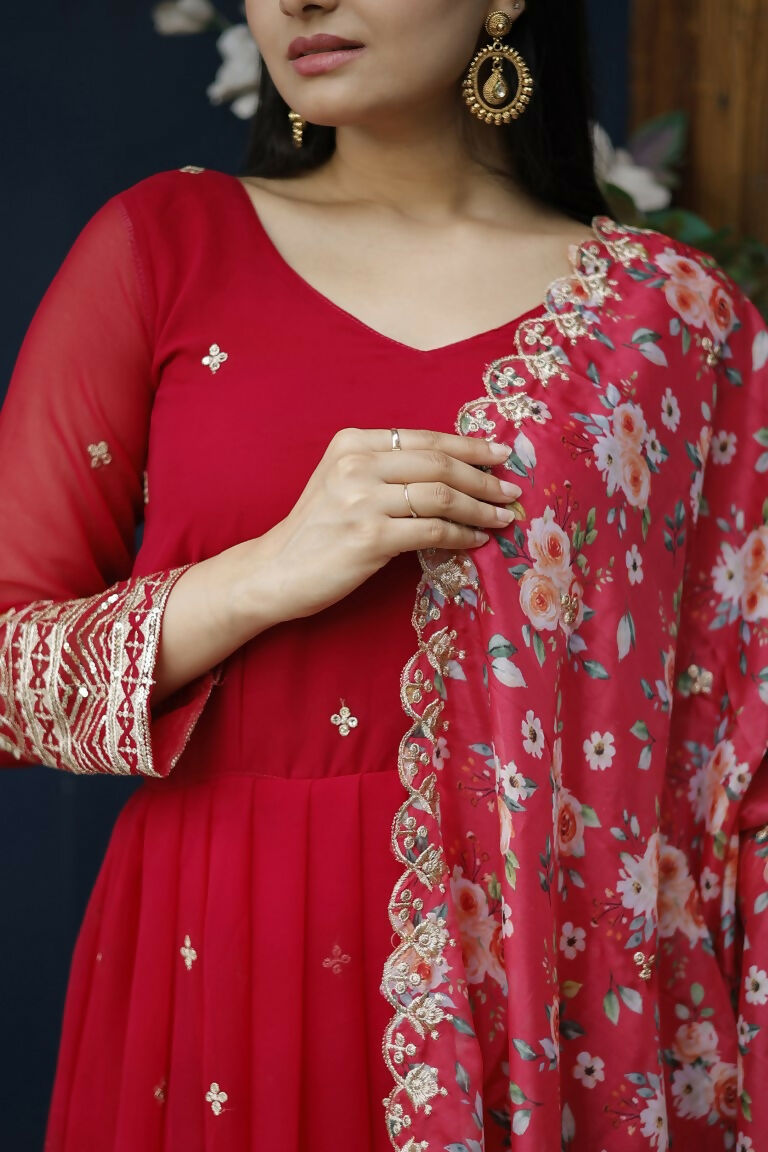 Jyoti Fashion Women's Red Faux Blooming Sequins with Zari Embroidery Anarkali Dress with Dupatta | Swadesiicart