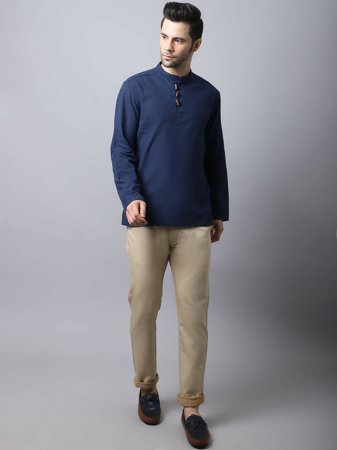 Even Apparels Navy Pure Cotton Men's Kurta With Band Collar | Swadesiicart
