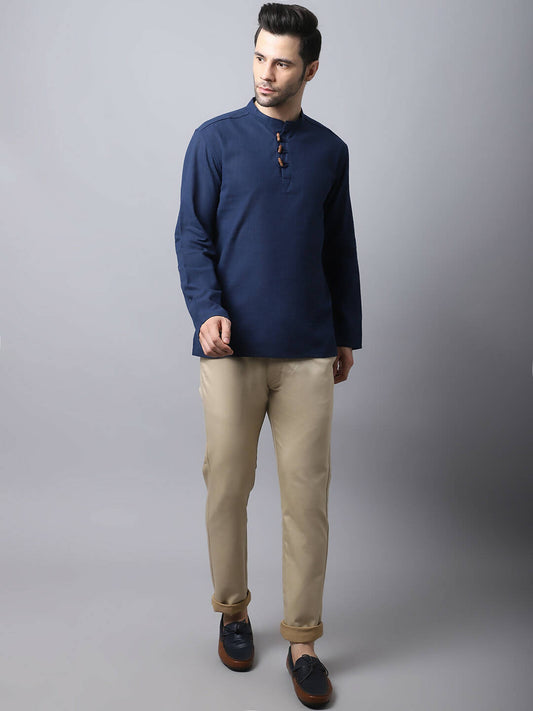 Even Apparels Navy Pure Cotton Men's Kurta With Band Collar | Swadesiicart