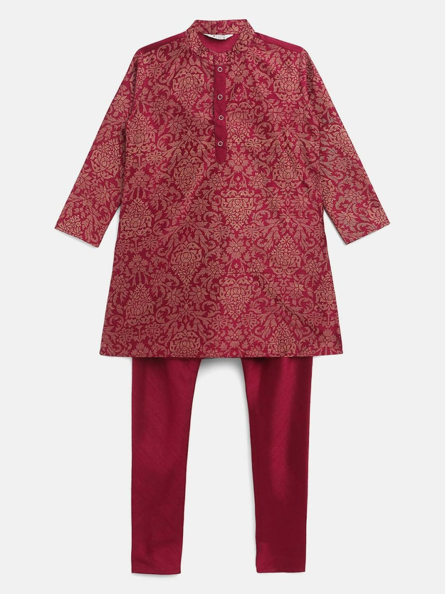 Ahalyaa Purple Poly Silk Gold Print Kids Kurta Churidar Set For Boys | Swadesiicart