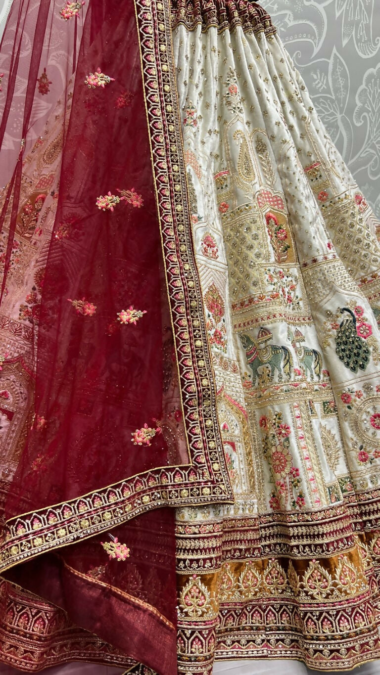 Jyoti Fashion Women's White Velvet Fancy Dori & Sequins with Multi Thread Embroidered with Diamond Work Wedding Lehenga Choli | Swadesiicart