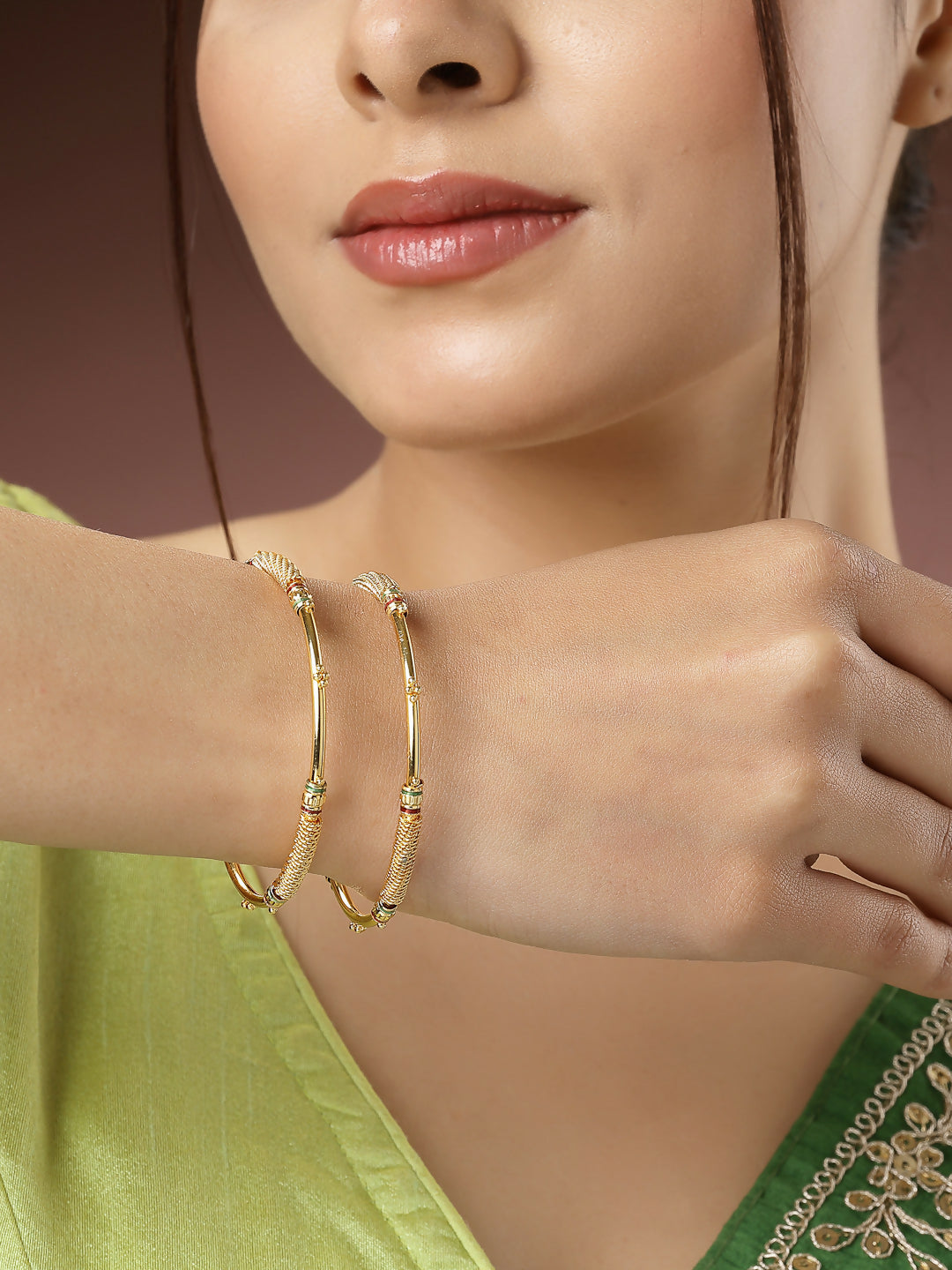 NVR Women's Set of 2 Gold-Polished Handcrafted Traditional Bangles - NR Retail-NVR