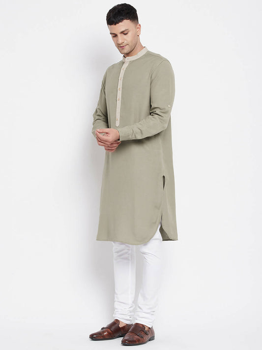 Even Apparels Green Pure Cotton Men's Kurta With Contrast Collar And Placket | Swadesiicart