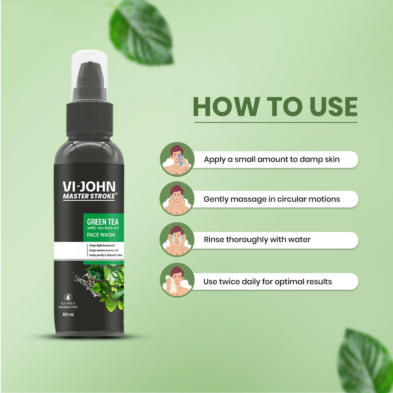 VI-JOHN Master Stroke Green Tea Face Wash Brightening Skin And Improving Texture For All Skin Type | Swadesiicart