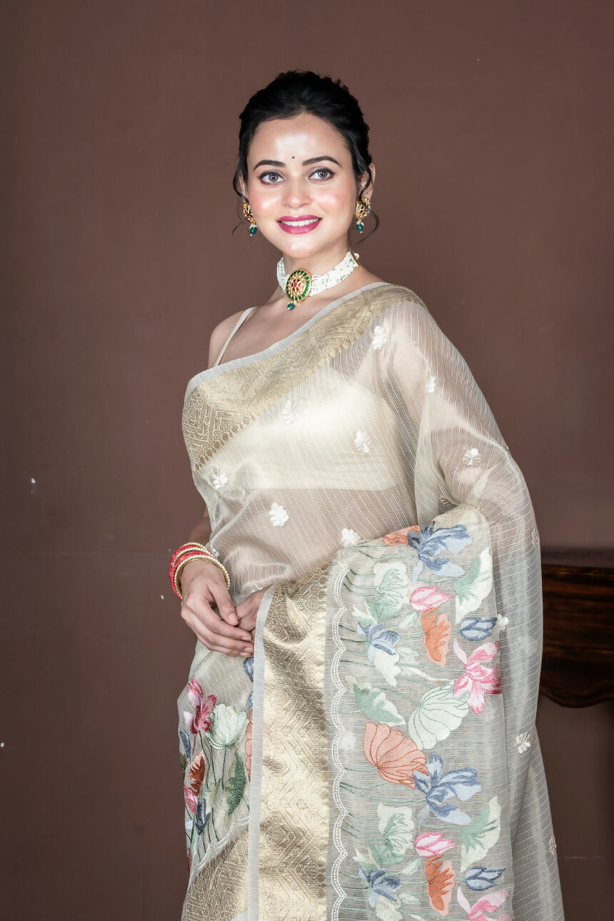 Morchari Beige Banarasi Tissue Computer Embroidery Saree Unstitched Blouse | Swadesiicart