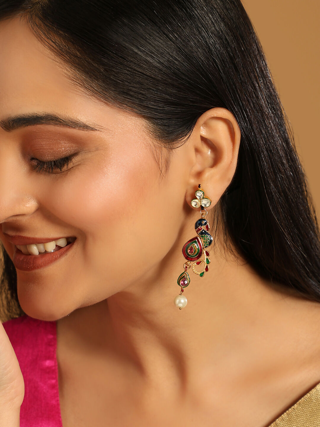 Nuyug 22K Gold Plated Pearl Drop Kundan Studded Ethnic Peacock Shaped Drop Earrings | Swadesiicart