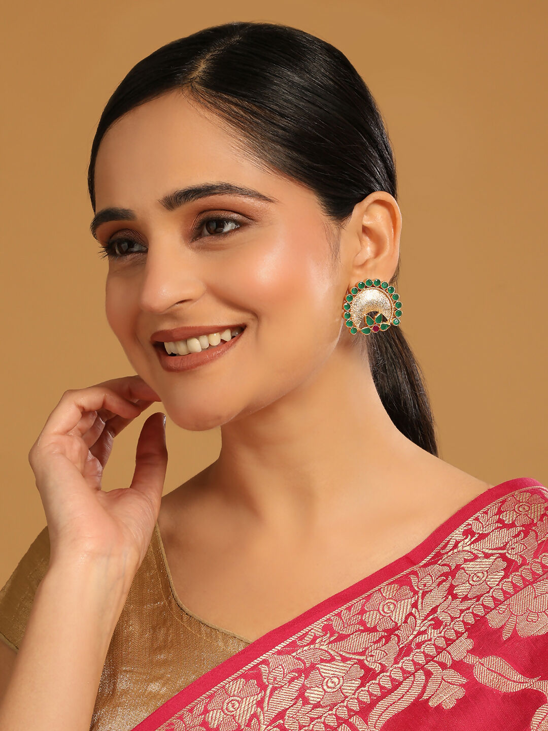 Nuyug 22K Gold Plated Faux Emerald Stone Studded Contemporary Shaped Studs | Swadesiicart