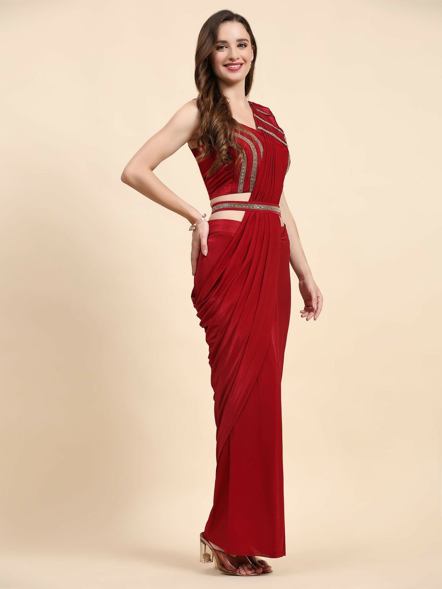 Red Imported Crystle Solid Ready to Wear Saree with stitched Blouse - Nita | Swadesiicart