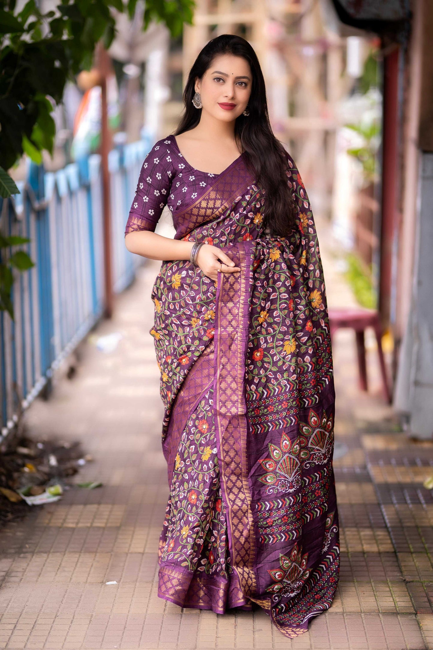 Purple Slub Silk Printed Saree with Unstitched Blouse - Hiral Fashion | Swadesiicart