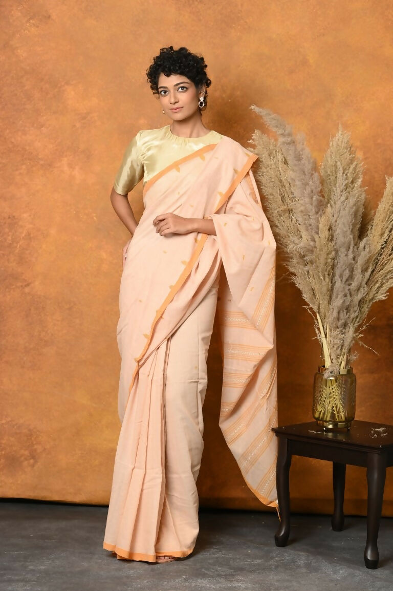 Very Much Indian Handloom Pure Cotton Saree With Sleek Border - Light Peach | Swadesiicart