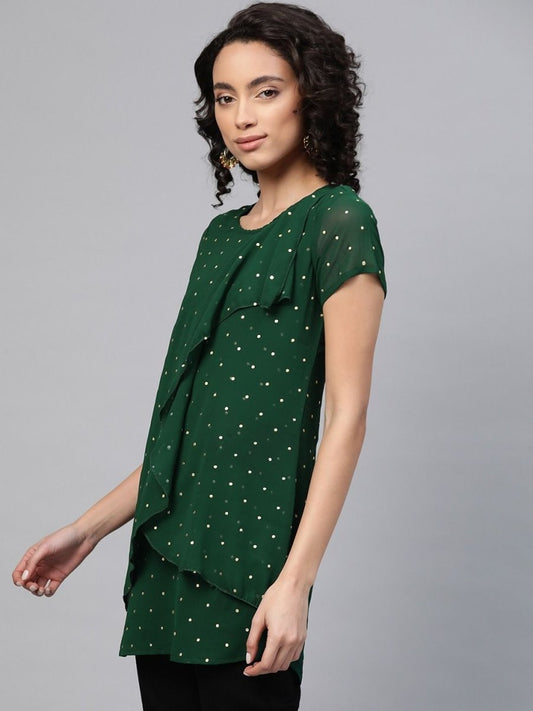 Ahalyaa Women Green Georgette Golden Polka Dots Print Layered Tunic | Swadesiicart