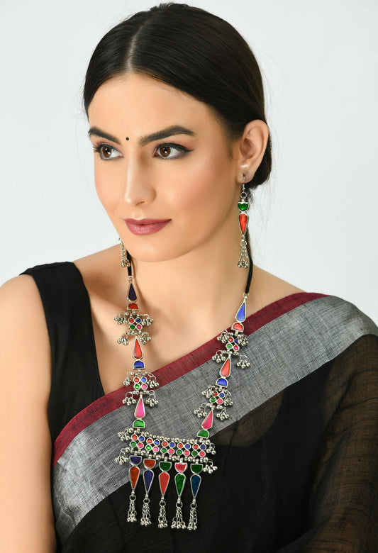 Mominos Fashion Johar Kamal Oxidised Silver-Plated Meenakari Multi Long Necklace Set For Women - Swadesiicart