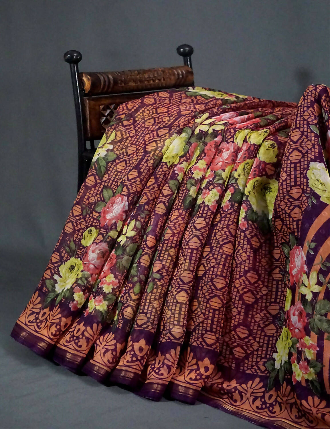 Shades Of Burgundy Floral Design Semi Chanderi Saree By Gayathri Reddy Designer Studio | Swadesiicart