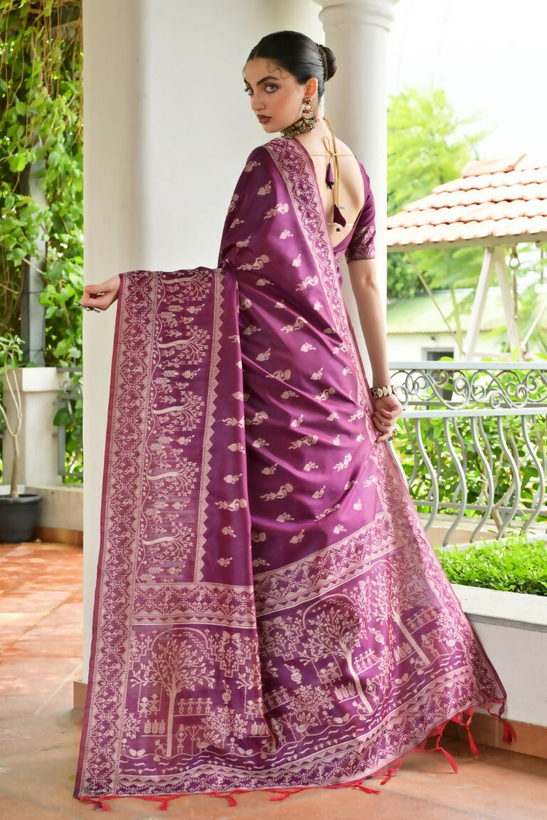 Vishnu Weaves Women's Wine Handloom Raw Silk Thread Weaving Saree with Blouse - Swadesiicart