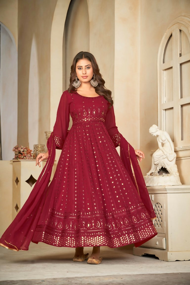 Jyoti Fashion Women's Maroon Georgette Embroidered Anarkali Kurta Pant Set With Dupatta | Swadesiicart