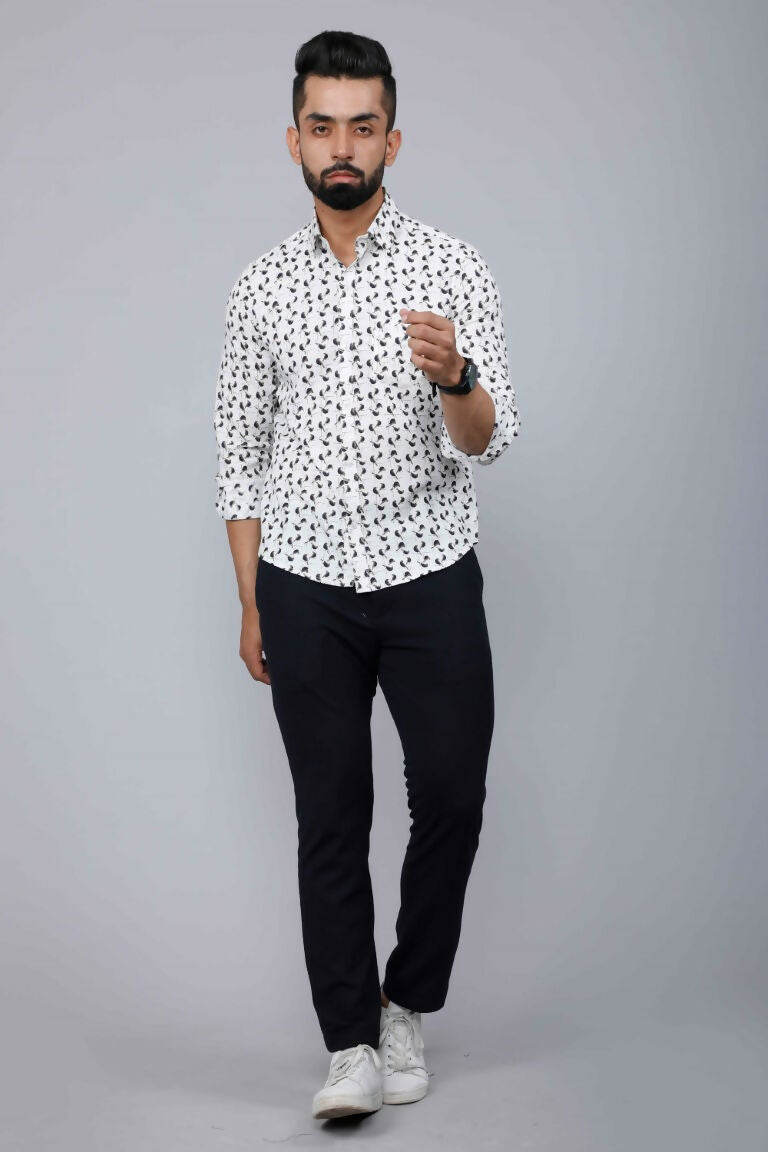 Miravan Men's White Spread Collar Bird Print Casual Shirt | Swadesiicart