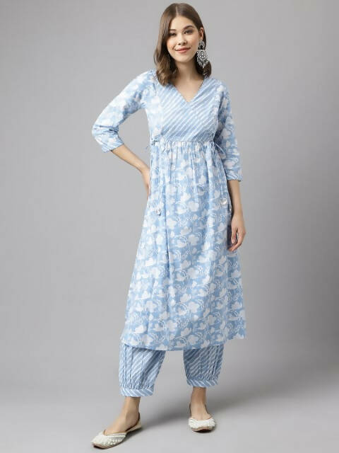 FIORRA Women's Blue Cotton A-Line Kurta Set - Swadesiicart