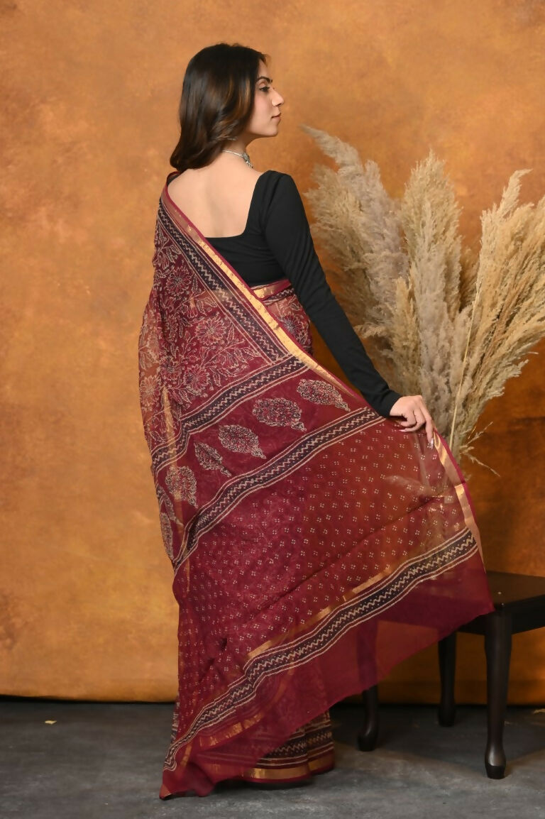 Very Much Indian Pure Kota Cotton Handblock Printed Saree - Red | Swadesiicart