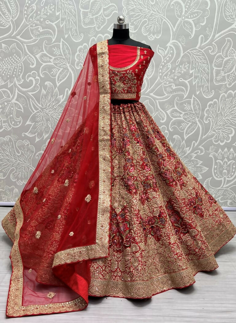 Jyoti Fashion Women's Red Silk Fancy Dori & Sequins Multi Thread Embroidered with Diamond Work Wedding Lehenga Choli | Swadesiicart