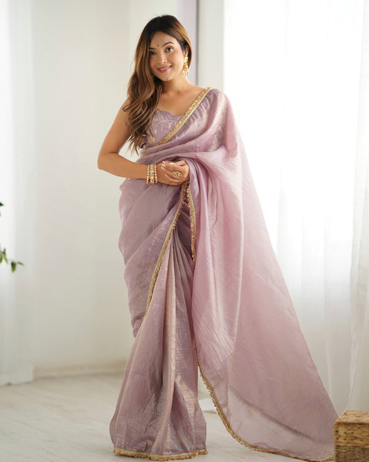 Teeya Creation Onion Pink Color Gold Crush Lace Border Ready to Wear Saree | Swadesiicart