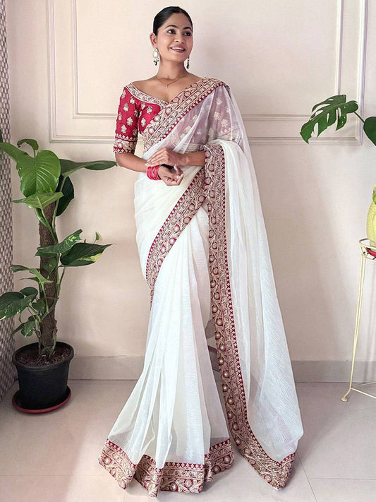 Teeya Creation White Color Banarasi Crush Silk Heavy Lace Work Saere | Swadesiicart
