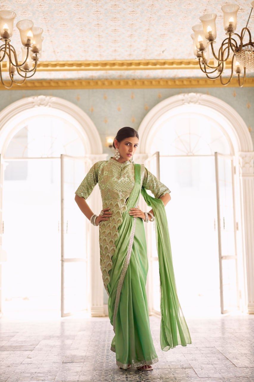 Teeya Creation Green Color Chinnon Silk Embroidery Work Ready To Wear Saree With Stitched blouse | Swadesiicart